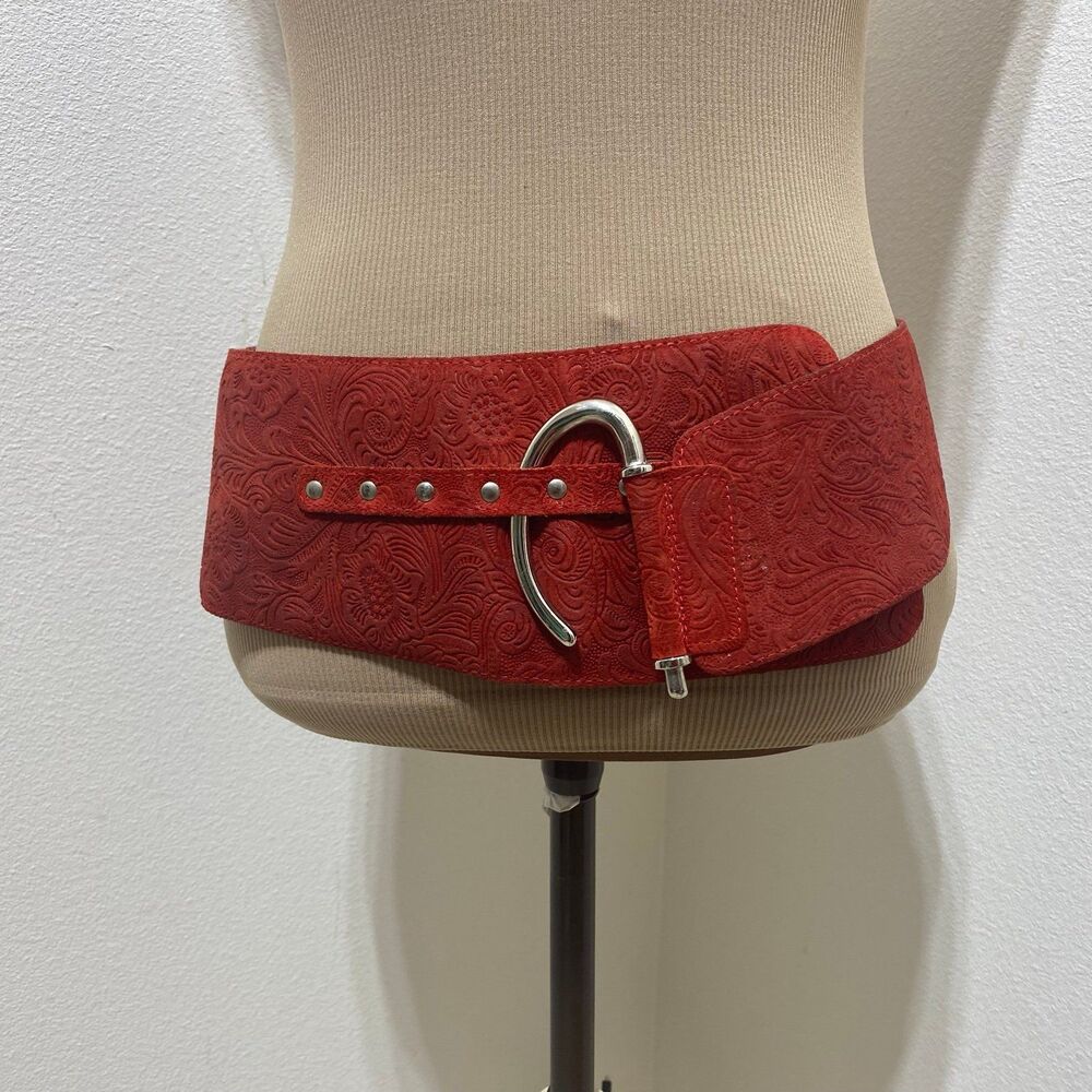 Made In Italy Red Embossed Leather Belt Wide Waist Cinching Corset Belt Sz M/L